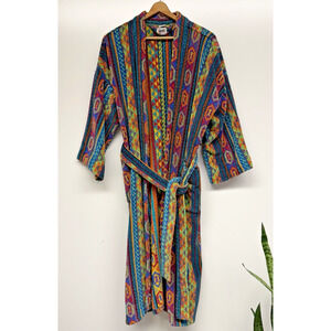 Vintage 100% Cotton Woven Robe Southwestern Aztec Tribal Belted Bathrobe Unisex